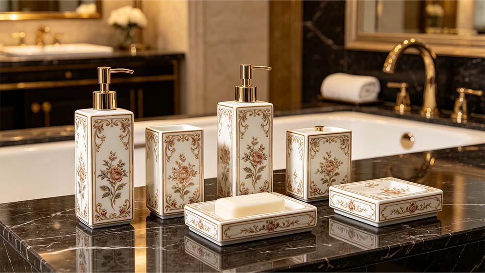 Custom UV printed ceramic bathroom sets and home decor products in luxury interior setting.jpg