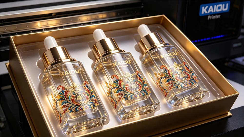 UV printing process for skincare bottles and cosmetic packaging containers in industrial production.jpg