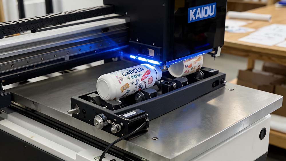 Industrial UV printer printing high-resolution designs on stainless steel tumbler with instant curing system.jpg