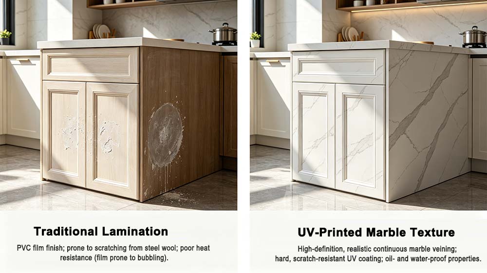 Comparison between traditional laminated cabinet door and UV printed marble texture surface.jpg Comparison between traditional laminated cabinet door and UV printed marble texture surface.jpg