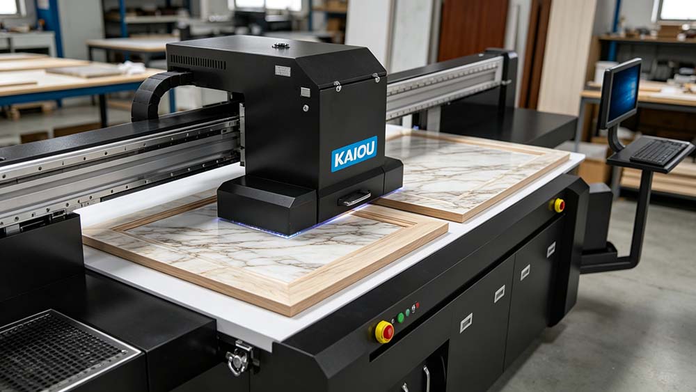 Industrial UV printer applying marble texture design on wooden cabinet door panel.jpg Industrial UV printer applying marble texture design on wooden cabinet door panel.jpg