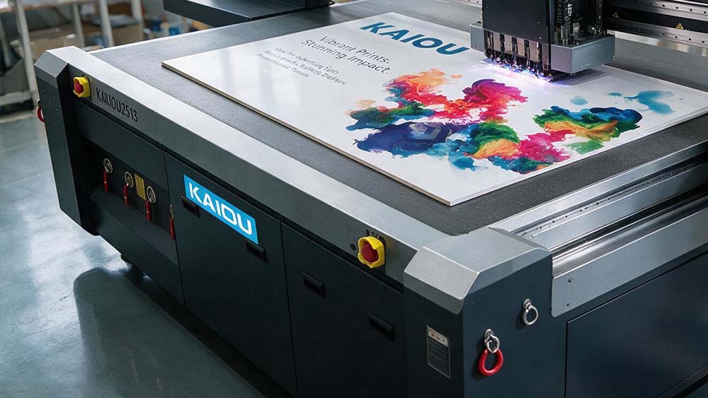KAIOU UV flatbed printer printing custom advertising graphics on a rigid signage panel.jpg KAIOU UV flatbed printer printing custom advertising graphics on a rigid signage panel.jpg
